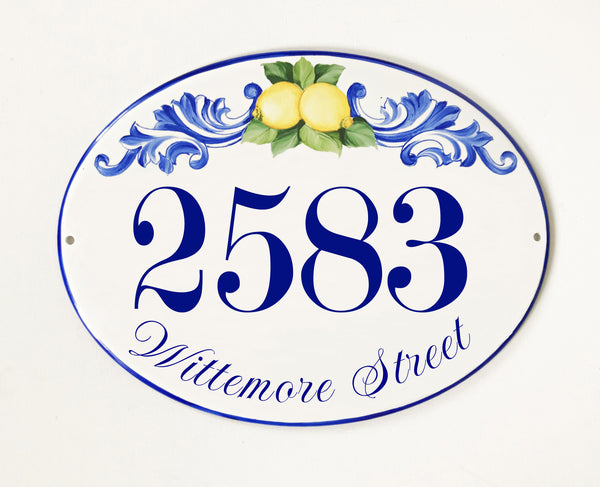 Outdoor House number with lemons and blue decoration, address sign for front door