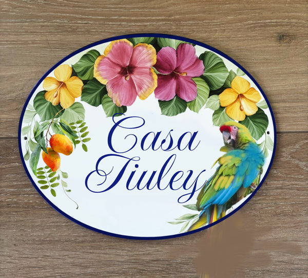 Custom House name Sign | Tropical Flowers and Macaw