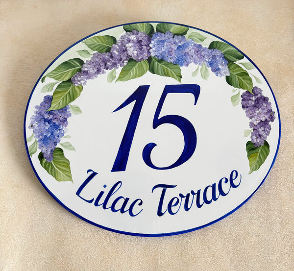 Oval ceramic address Plaque hand-painted with purple and blue Lilacs and green leaves