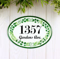 Custom ceramic address plaque with green leaves, outdoor house number sign for front door