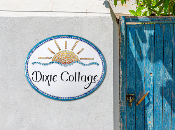 oval ceramic house name sign hand-painted with sun in mosaic style
