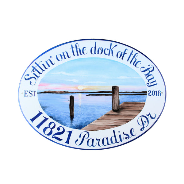 ceramic house plaque hand-painted with a sunset on the bay a wood dock