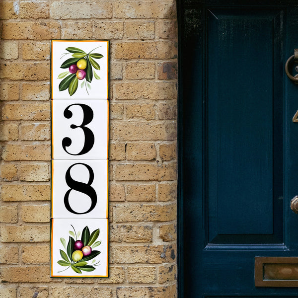 vertical house numbers tile hand painted with olive branch