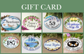Collection of decorative plaques with personalized text on a green background labeled 'Gift Card'.