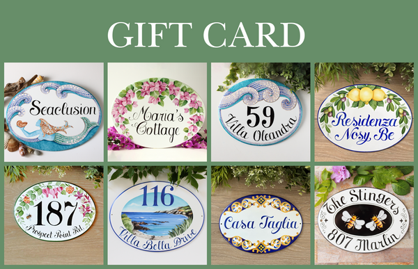 Collection of decorative plaques with personalized text on a green background labeled 'Gift Card'.