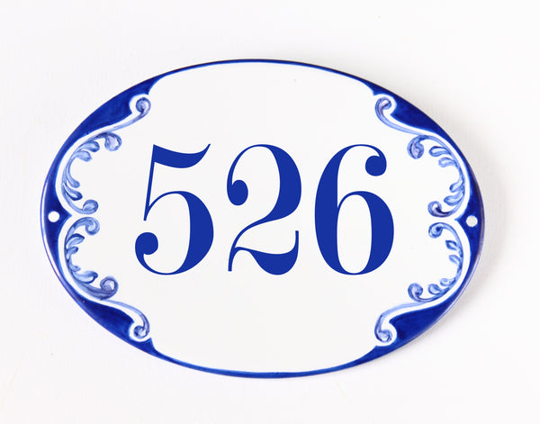 Oval Ceramic house number plaque hand painted with blue decoration, Outdoor address tile