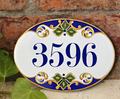 House Number sign hand painted with blue and yellow decor in Talavera style, Custom Address plaque for outdoor