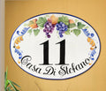 Oval Ceramic House number sign hand painted with grape and blue and yellow ornament 
