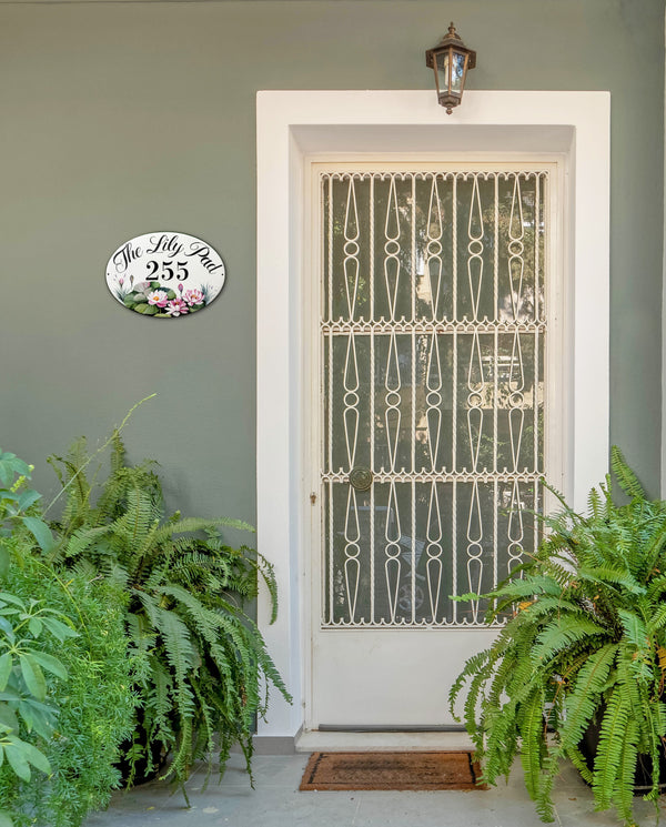 Water Lily Ceramic House Sign | Custom Address Plaque, Garden Decor