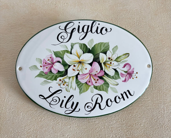 oval ceramic door sign hand-painted with white and pink lily 
