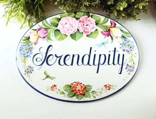 Name sign for outdoor hand painted with pink camellias, purple irises and dragonflies, Cottage name sign