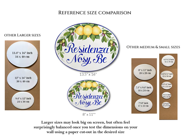 Reference size comparison chart for hand painted oval ceramic sign  