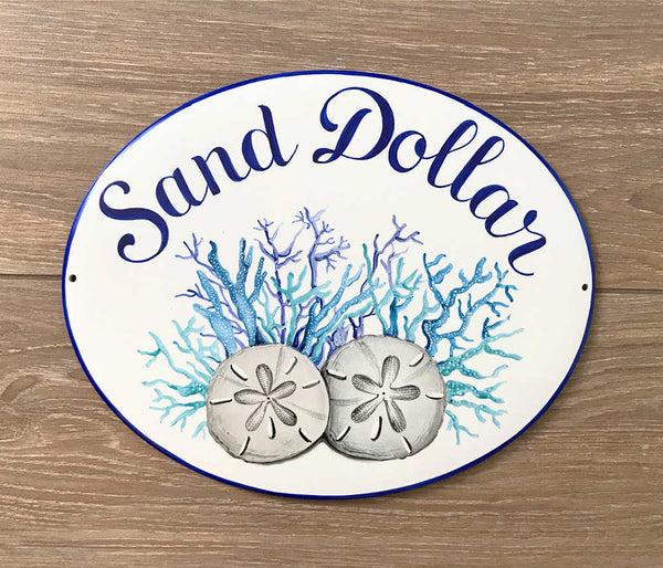 house name sign for beach house with sand dollars