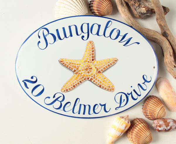 House name sign with address hand painted with a yellow starfish and blue border, House number plaque for beach house