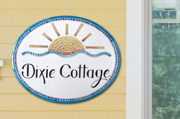 cramic beach house sign hand-painted with sun in mosaic style