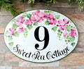 ceramic house number plaque with sweet pea flowers