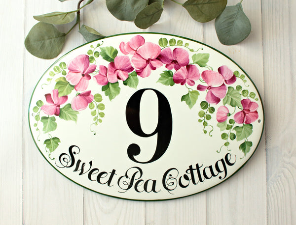 ceramic house number plaque with pink sweet peas flowers, outdoor  name sign for cottage