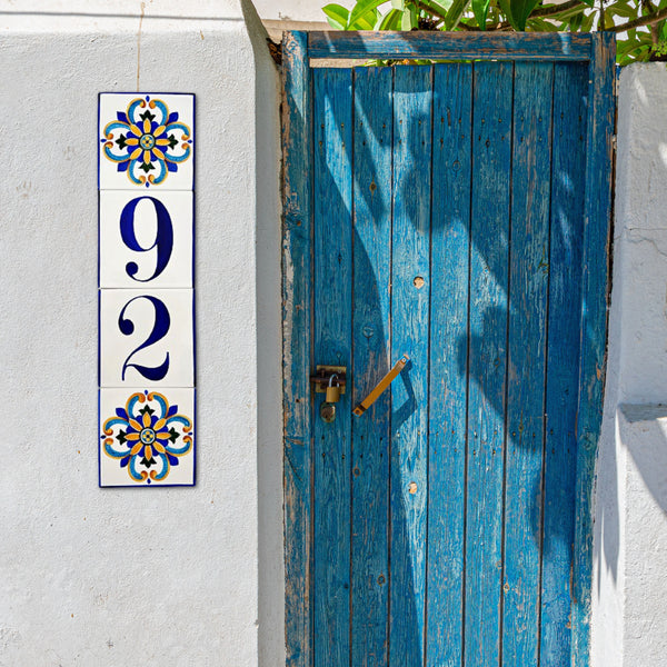 house numbers tile, with end tile   hand painted in talavera style, blue and yellow