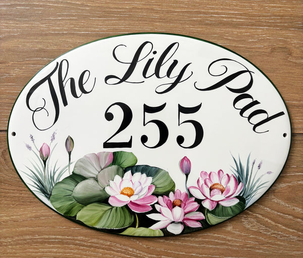 oval ceramic address sign hand-painted with water lily