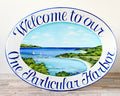 Custom Welcome Sign with name hand painted with a bay view on ceramic plaque, outdoor beach wall decor