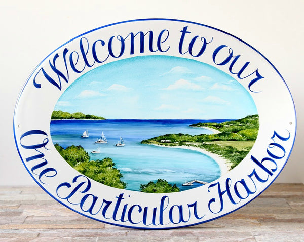 Custom Welcome Sign with name hand painted with a bay view on ceramic plaque, outdoor beach wall decor