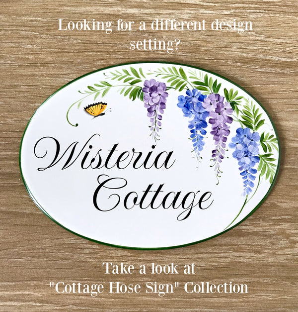 Ceramic house sign with hand painted wisteria in blue and purple tones