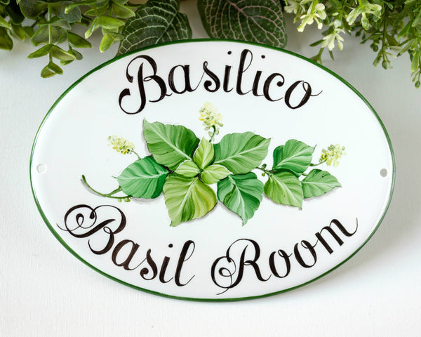ceramic name room sign with basil