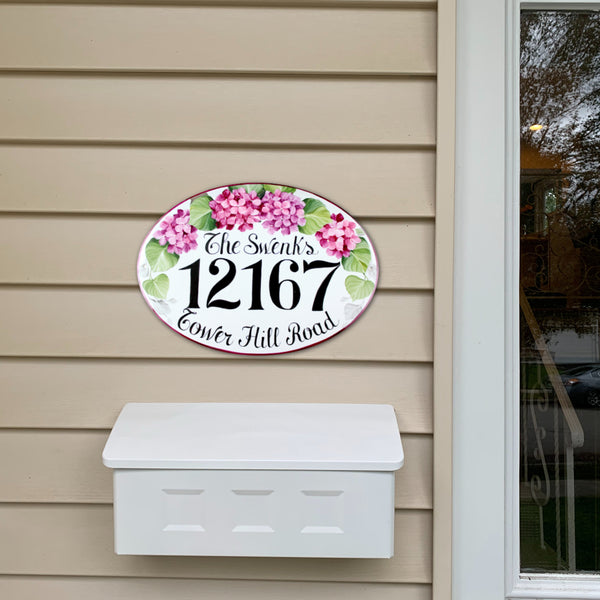 ceramic address plaque hand-painted with pink hydrangea and green leaves