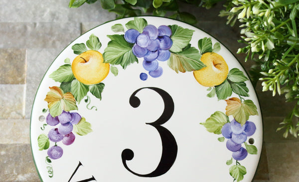 House Number Sign, Round Address Plaque with Apples and Grapes