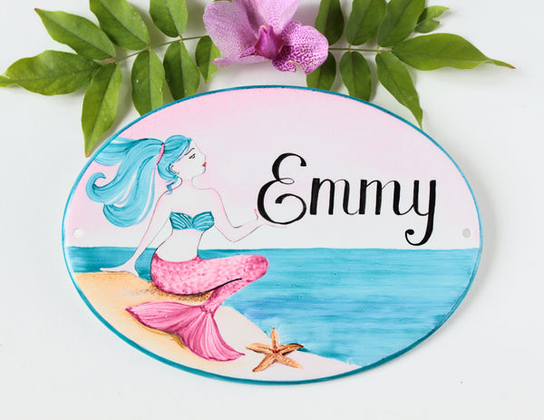 bedroom sign for girl with mermaid, pink