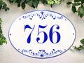 oval house number, ceramic plaque, blue decoration