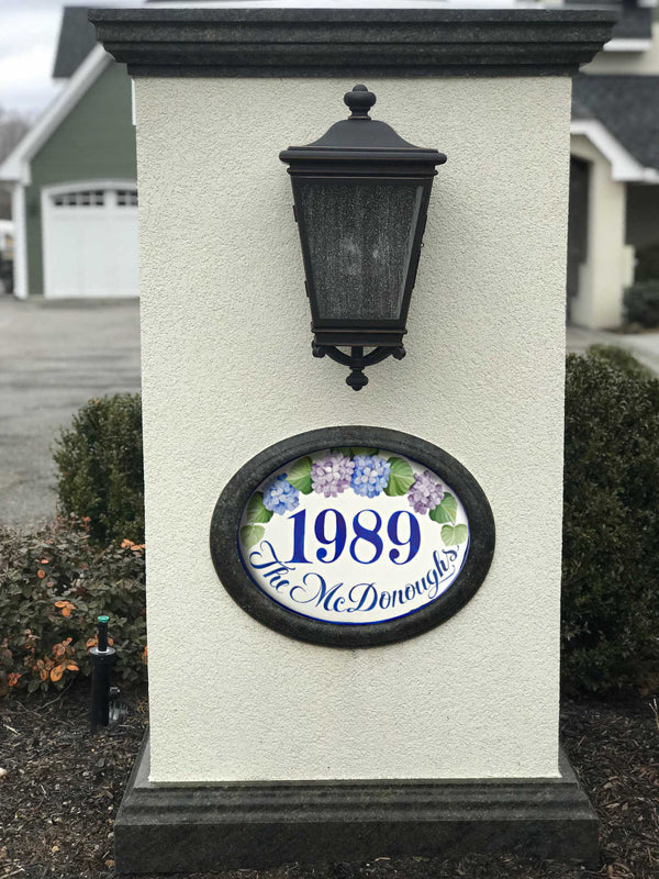 Ceramic Address plaque, House numbers sign with Hydrangea