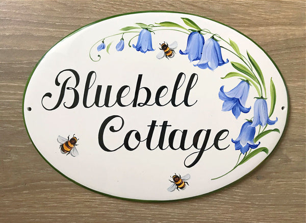 custom house sign for front door with bluebells