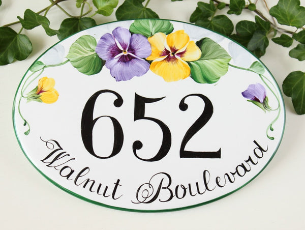 Ceramic House Numbers with Pansies, Custom Outdoor Address Sign