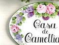 Outdoor House Sign with Camellias, Ceramic Garden Wall Plaque