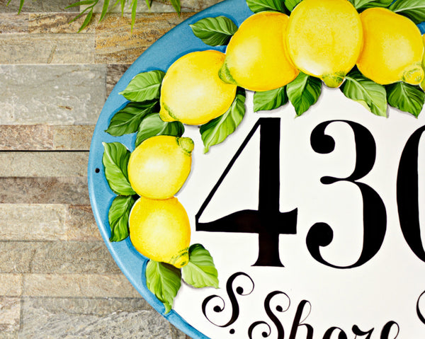 Mediterranean Ceramic House Sign, Custom Address Plaque, Amalfi Lemon Decor