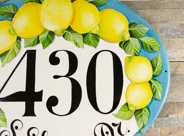 Mediterranean Ceramic House Sign, Custom Address Plaque, Amalfi Lemon Decor