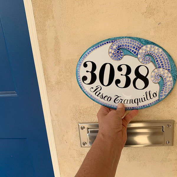 ceramic address plaque hand-painted with turquoise waves mosaic
