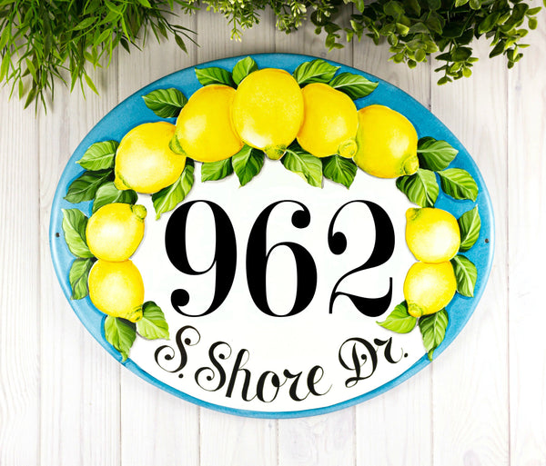 Mediterranean Ceramic House Sign, Custom Address Plaque, Amalfi Lemon Decor