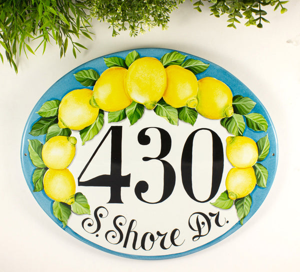 Mediterranean Ceramic House Sign, Custom Address Plaque, Amalfi Lemon Decor