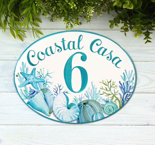 coastal teal house numbers sign