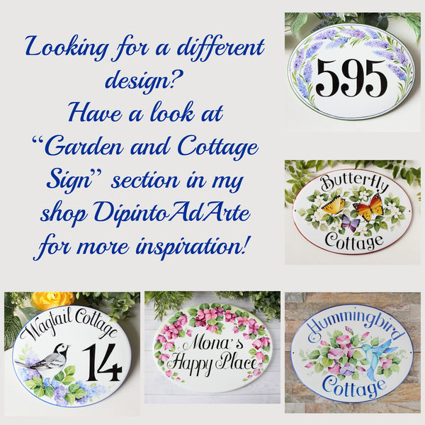 targa personalizzata per cottage in ceramica con indirizzo e decoro a  lillà– Dipinto Ad Arte