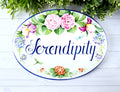 ceramic oval name sign with camelias, irises and dragonflies