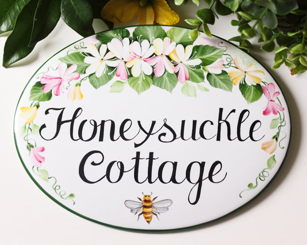 Honeysuckle Cottage Sign with Name, Ceramic House Plaque, Outdoor House number