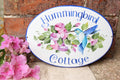 Custom house name sign hand painted with hummingbird and pink -purple flowers, Cottage sign