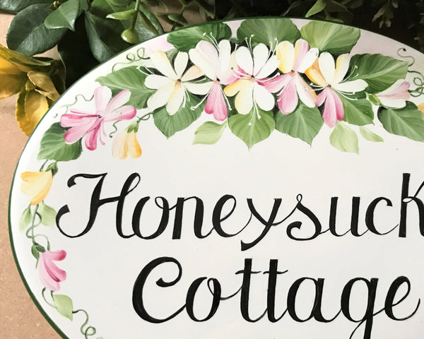 Honeysuckle Cottage Sign with Name, Ceramic House Plaque, Outdoor House number