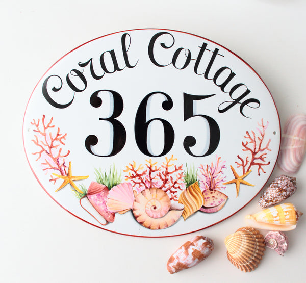 Ceramic oval house number plaque with pink corals and shells