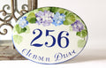 Ceramic Address plaque, House numbers sign with Hydrangea