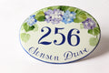 oval ceramic house number with blue Hydrangea