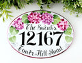 oval ceramic address plaque with pink Hydrangea